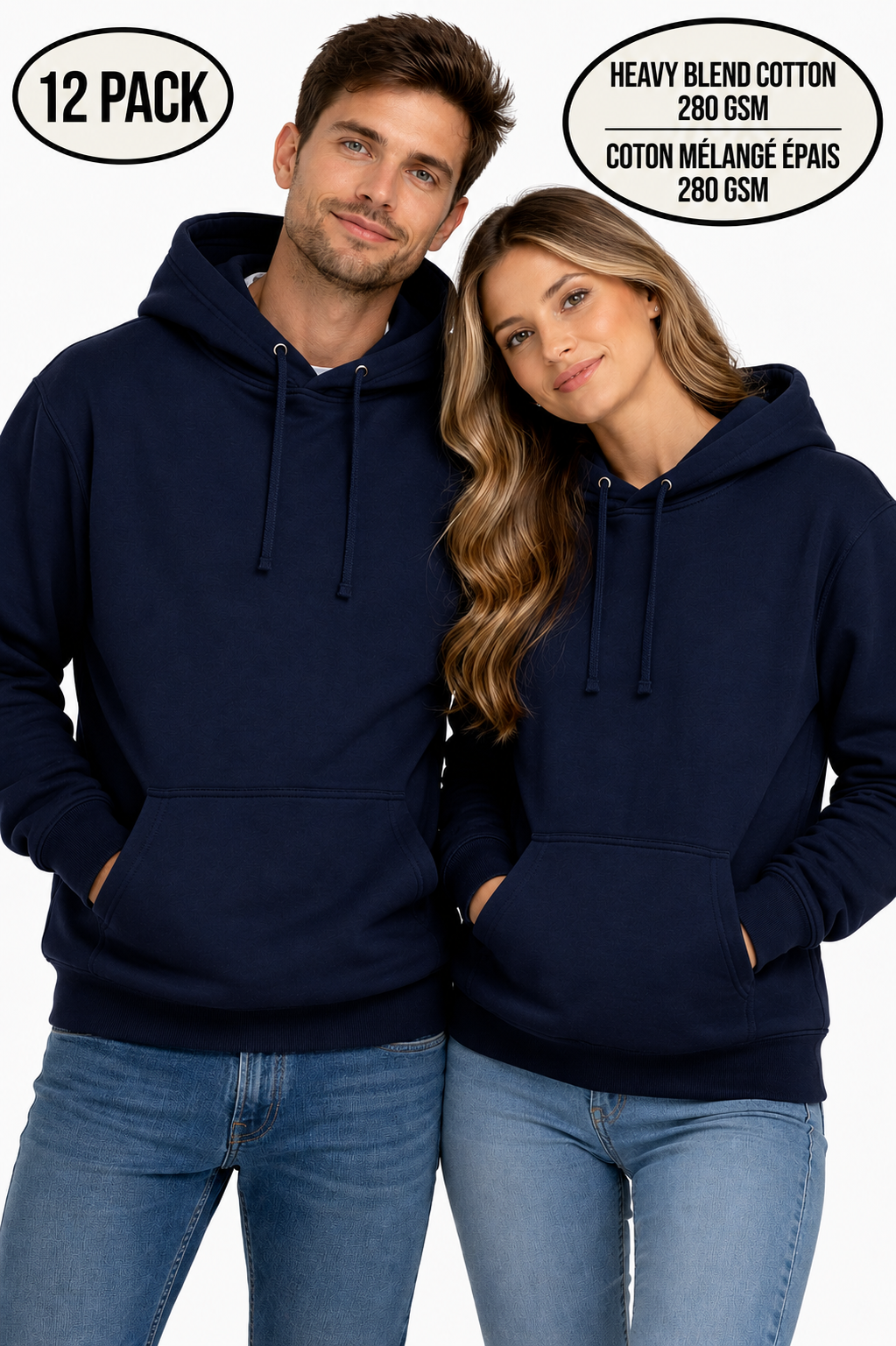 (12 pack, same size) NAVY  Heavy cotton hoodies – -Sweats à capuche en coton lourd – BLEU MARIN (paquet de 12, même taille)
